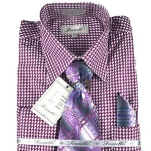Fratello Men's Purple White Dress Shirt Purple Gray Blue Tie Hanky French Cuff